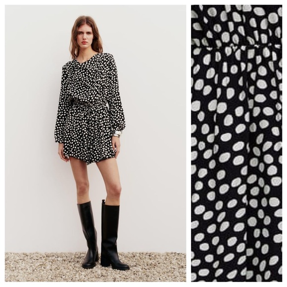 NWOT. Zara Black/White Viscose Polka Dot Mini Dress with Ruffles. Size M. - Picture 1 of 11